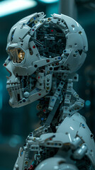 Fototapeta premium A futuristic robot with exposed mechanical parts is shown in profile, highlighting intricate gears and advanced technology.