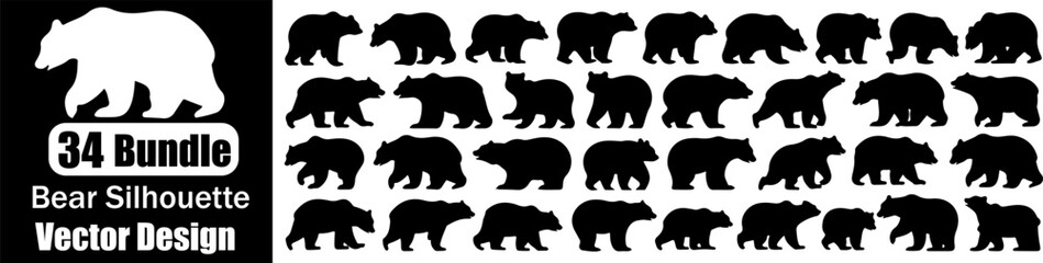 Bear set bundle silhouette and line art vector illustration