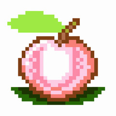 Obraz premium pixel art of a peach with green leaves retro style, vibrant digital illustration modern digital creativity