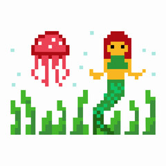 Pixel art mermaid and jellyfish undersea world retro gaming aquatic scene