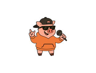 Vector illustration of a cartoon pig holding a hand microphone	