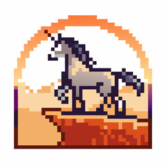 Obraz premium Pixelated unicorn standing on cliff at sunset, retro fantasy art