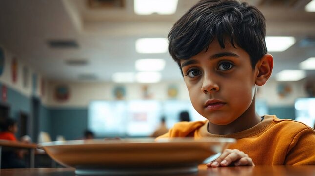 Concerned boy staring at empty plate in school cafeteria, expressing feelings of hunger and anticipation