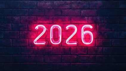 Neon pink "2026" on dark brick wall