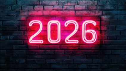 Fototapeta premium Neon pink 2026 sign on dark brick wall