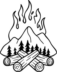 Mountain campfire illustration logs burning with flames, pine trees, and mountain backdrop outdoor adventure, wilderness art