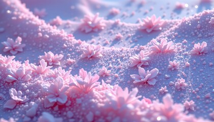 an ethereal landscape with a close up of delicate pink cherry blossom petals scattered across a surface that appears to be snow or