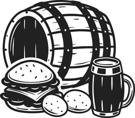 Rustic barrel ale, beer mug, and traditional burger scene with classic snacks