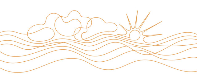 Sun, cloudy weather, sea. Art one line vector sky