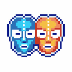 Naklejka premium pixel art luchador masks in blue and orange colorful retro wrestling icon, vintage pop culture design