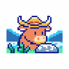 Obraz premium Pixel art cow in field, vintage style, pastoral scene with straw hat