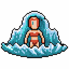 Fototapeta premium pixel art character emerging from waves retro 8 bit video game avatar, ocean background scene