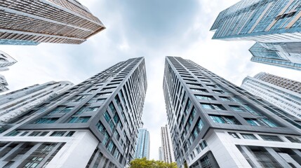 Naklejka premium Modern Cityscape Architecture - Low angle view of modern skyscrapers reaching towards a cloudy sky