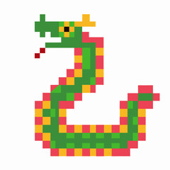 Pixelated retro snake game character, vibrant colors, classic arcade art