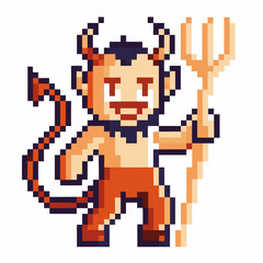 Obraz premium Pixel art demon character, red horns and trident retro video game style, mythical creature design