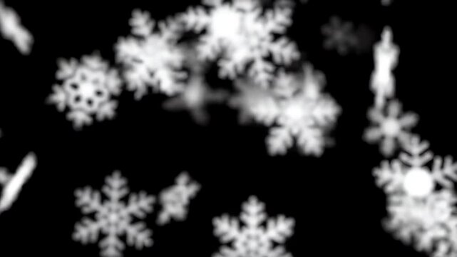 A seamless loop animation of soft white snowflakes gently falling against a pitch-black background.