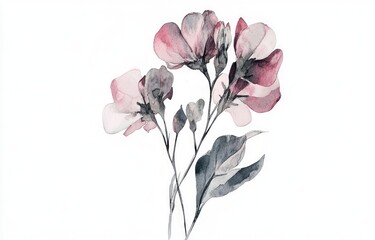Delicate watercolor blossoms. Soft pink and grey flowers and leaves on white