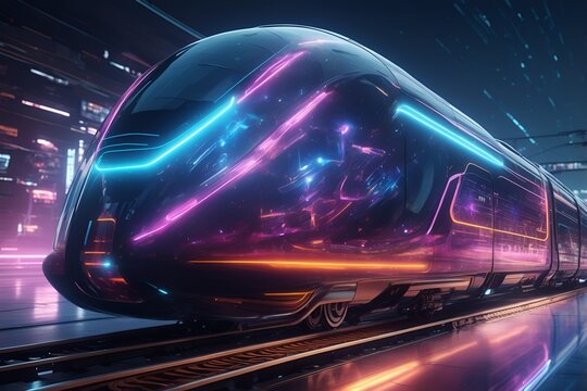 Futuristic train in digital cybernetic galactic galaxy metaverse neon colors city