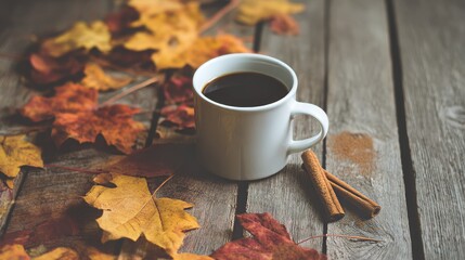 Coffee cup with fall leaves and cinnamon on wooden table creating cozy home vibe Generative AI