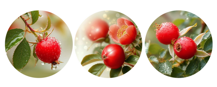Bright red rose hips with green leaves and water drops close-up on a transparent background, circles without background - Powered by Adobe