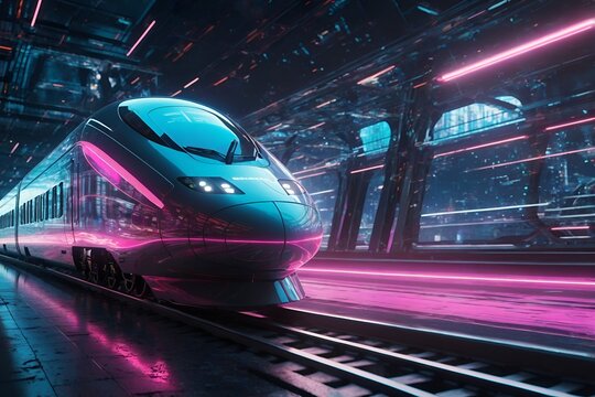 Futuristic train in digital cybernetic galactic galaxy metaverse neon colors city