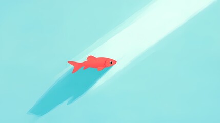 Minimalist image of a single red fish swimming towards a light beam on a blue background.  Conceptual art representing hope, freedom, or new beginnings.