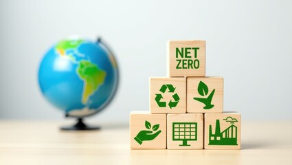 Wooden blocks with net zero environmental icons.