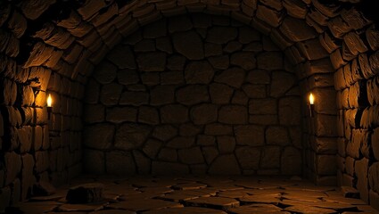Ancient Stone Dungeon Backdrop, Flickering Torchlight, Copy Space