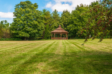 A gazebo under the forest on a mown meadow