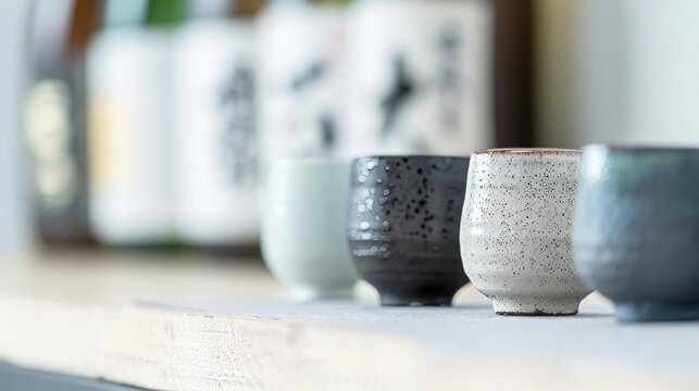 Close up of Small Ceramic Sake Cups on Wooden Surface