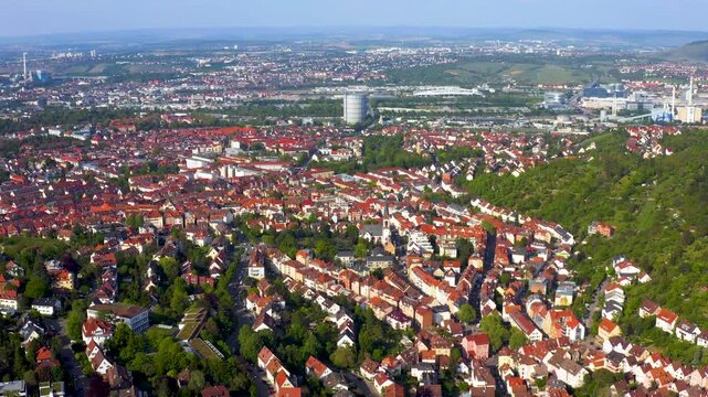 Aerial panoramic view around the city Stuttgart ost stadt  in Germany on a cloudy spring day