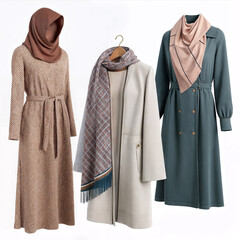 Collection of three fashionable outfits including dresses and a coat isolated on white background