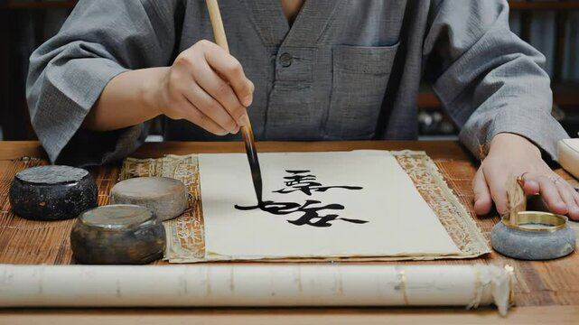 Monk in grey robe guides bamboo brush across parchment, calligraphy strokes glide, ink scent rises, gentle breath steadies calligraphy flow and quiet room echoes mindful calligraphy art. 