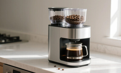 Modern Bean-to-Cup Coffee Maker with Integrated Grinder, Stainless Steel Finish and Glass Carafe with Freshly Brewed Coffee