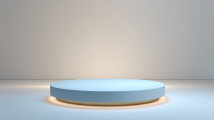 A minimalist round display stage in pale blue with warm beige highlights, smooth finish, placed on a bright white seamless surface under soft lighting. .
