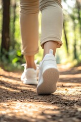 Woman's legs and feet walking on a forest trail