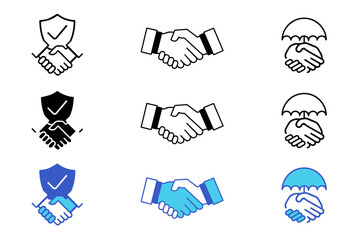 Handshake best solid line con set on a white background. Icons related to business agreement handshake, friendly handshake, partnership deal etc. For apps, ui, website design. Vector illustration