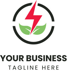 Eco Power Energy Logo - Green Electricity Sustainable Renewable Energy Symbol with Red Lightning Bolt and Green Leaves in Circular Design