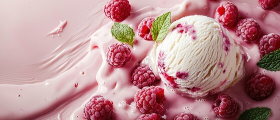 Luscious vanilla ice cream scoop swirling with raspberry ripple on soft pink
