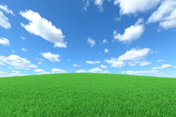 Fototapeta premium Serene Green Hill and Blue Sky - Peaceful landscape, green grass hill, blue sky, fluffy clouds, nature serenity. Symbolizing tranquility, growth, hope, freedom, and renewal