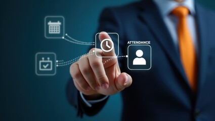 A hand pointing to a digital attendance system.