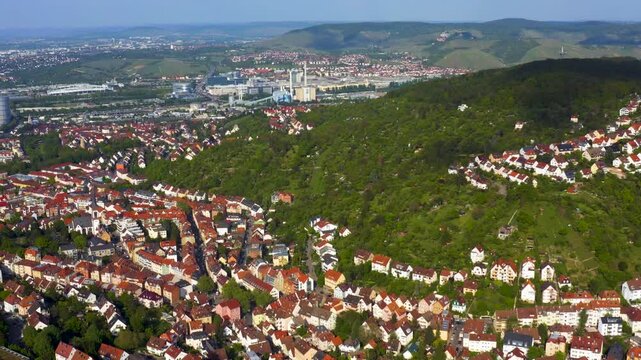 Aerial panoramic view around the city Stuttgart ost stadt  in Germany on a cloudy spring day