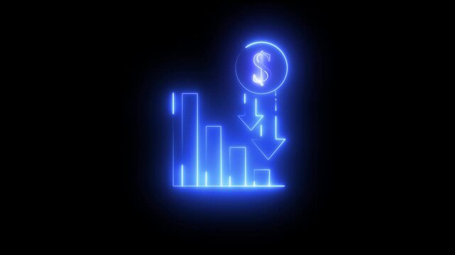 Glowing neon line of dollar sign icon and down arrow neon line of dollar sign icon and down purple and blue arrow isolated on transparent coin, concept, cost, crisis, currency, cut, debt, decline. 