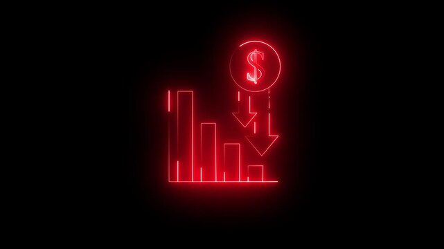 Glowing neon line of dollar sign icon and down arrow neon line of dollar sign icon and down purple and blue arrow isolated on transparent coin, concept, cost, crisis, currency, cut, debt, decline. 