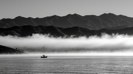 Serene Morning Fog Over Mountains and Lake - A solitary boat on calm water, shrouded in morning fog with majestic mountains in the background. A peaceful and tranquil scene