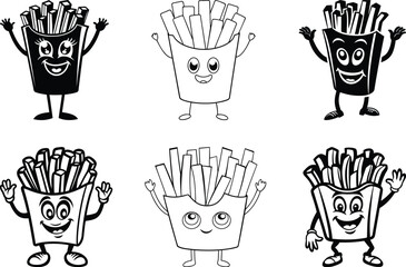 Funny and cartoon style container of French fries with a happy face vector illustration, cartoon style container of French fries with a happy face silhouette and line art vector set