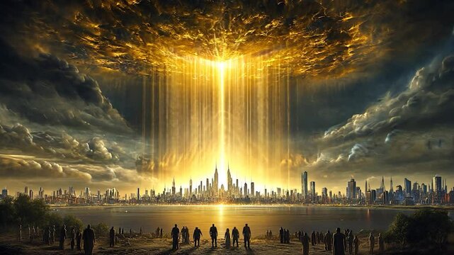Golden Celestial Event Over Cityscape