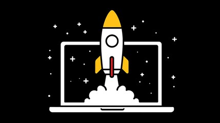 Fototapeta premium Rocket illustration popping out of laptop screen, startup concept, background with neon lights