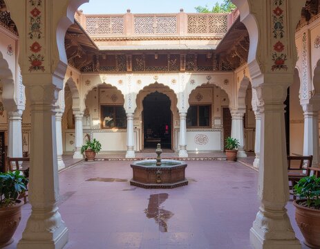 "A beautifully decorated haveli courtyard in Shekhawati, reflecting royal Rajasthani interior design."


