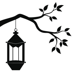 Silhouette of Lantern Hanging from Tree Branch with Leaves